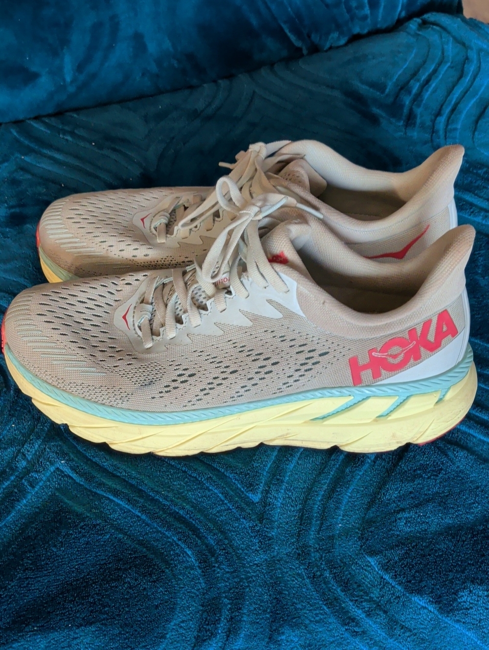Hoka Women's Running Shoes — Beige with Yellow & Aqua and Pink Logo